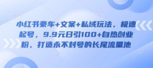 小红书豪车+文案+私域玩法，极速起号，9.9元日引100+自热创业粉，打造永不封号的长尾流量池-网创星球